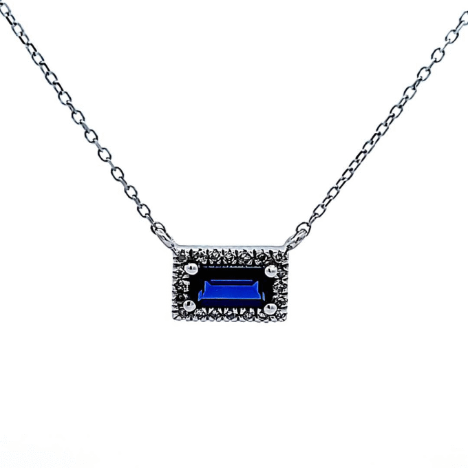 Sapphire Halo Pendant with .06ctw Round Diamonds in 10k White Gold