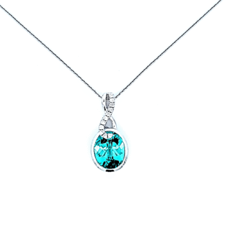 Swirl Top Drop Necklace with Oval Checkerboard Chrysoprase and .08ctw Round Diamonds in 14k White Gold