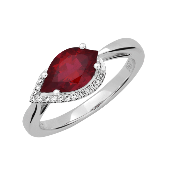 Fashion Ring with 1.62ct Flame Chat Ruby and .06ctw Round Lab Grown Diamonds in 14k White Gold