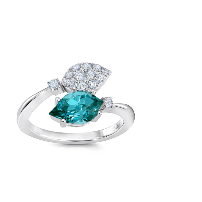 Bypass Ring with Lab Grown Diamonds and Flame Paraiba Spinel in 14k White Gold
