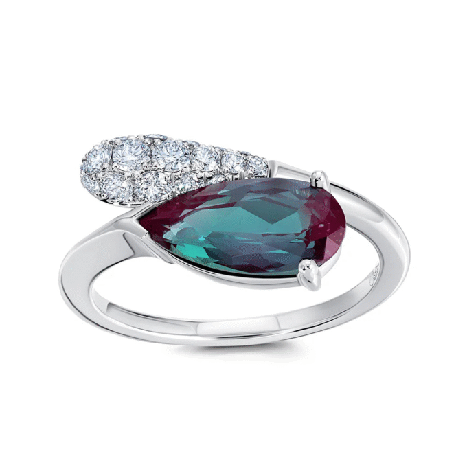 Bypass Fashion Ring with Lab Grown Pear Shaped Alex and .41ctw Diamonds in 14k White Gold