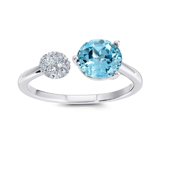 Fashion Ring with Round Aqua Blue Spinel and .22ctw Round Diamonds in 14k White Gold
