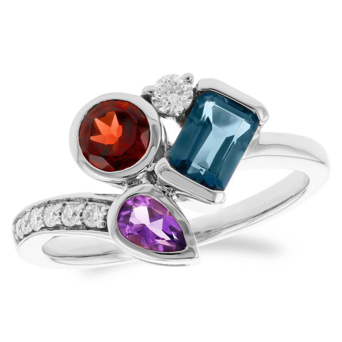 Bypass Fashion Ring with Garnet, London Blue Topaz, and Diamonds in 14k White Gold
