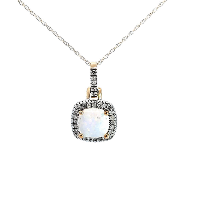 Square Halo Pendant with Opal and .14ctw Round Diamonds in 10k Yellow Gold