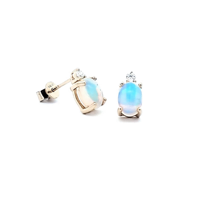 Elegant 14K Yellow Gold Opal & Diamond Stud Earrings with 0.06CTW