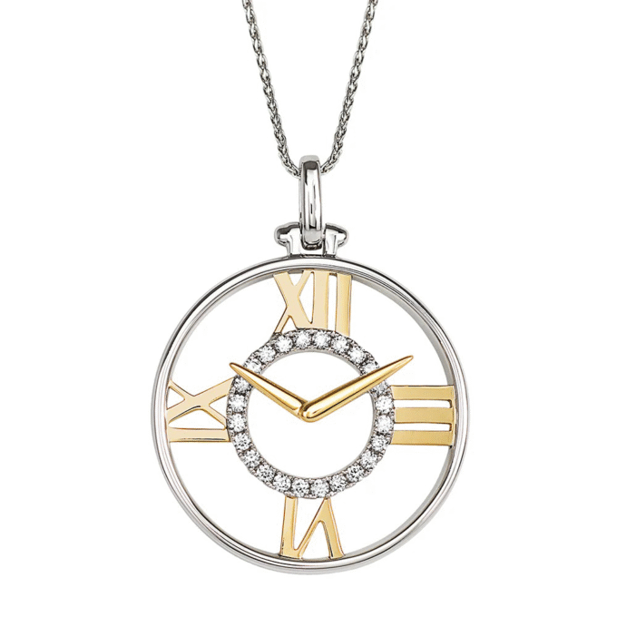 Chatham Lab-Created Clock Pendant with .18ctw Round Diamonds and Wheat Chain in 14k Two-Tone