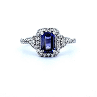 14k White Gold Halo Fashion Ring with .37ctw Round Diamonds and Emerald Cut Tanzanite