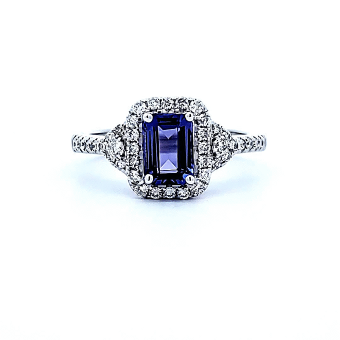 14k White Gold Halo Fashion Ring with .37ctw Round Diamonds and Emerald Cut Tanzanite