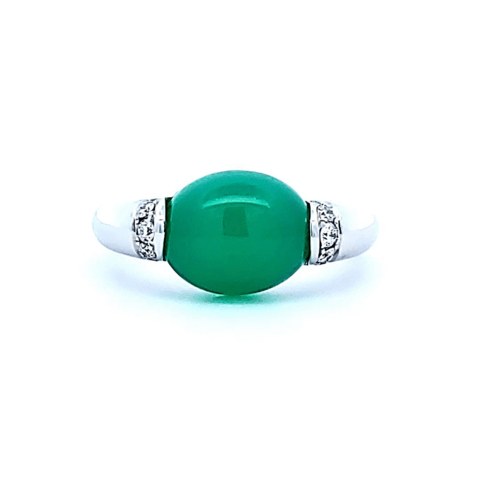 Fashion Ring with Oval Cabochon Chrysoprase and .17ctw Round Diamonds in 14k White Gold