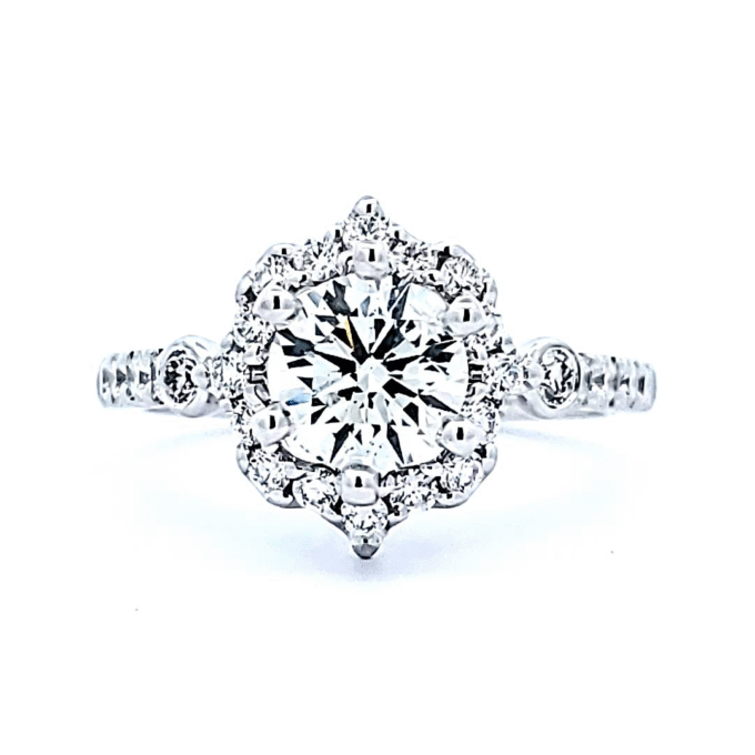 14k White Gold Halo Engagement Ring with 1.20ct Round Diamond Center