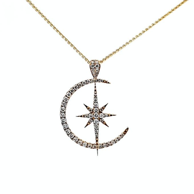 Moon and Star Necklace with .49ctw Round Diamonds in 18k Yellow Gold