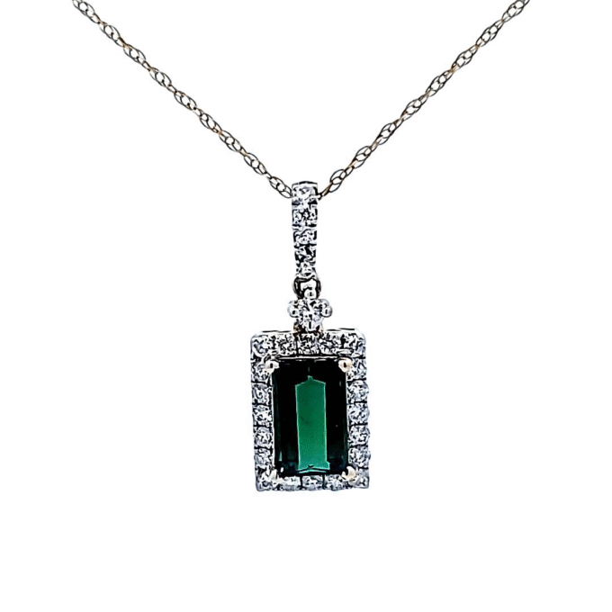 Halo Necklace with .37ctw Round Diamonds and Green Tourmaline in 14k Yellow Gold