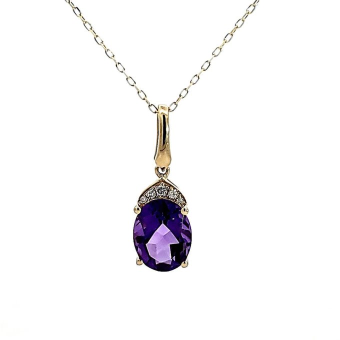 Amethyst Drop Necklace with .03ctw Round Diamonds in 14k Yellow Gold