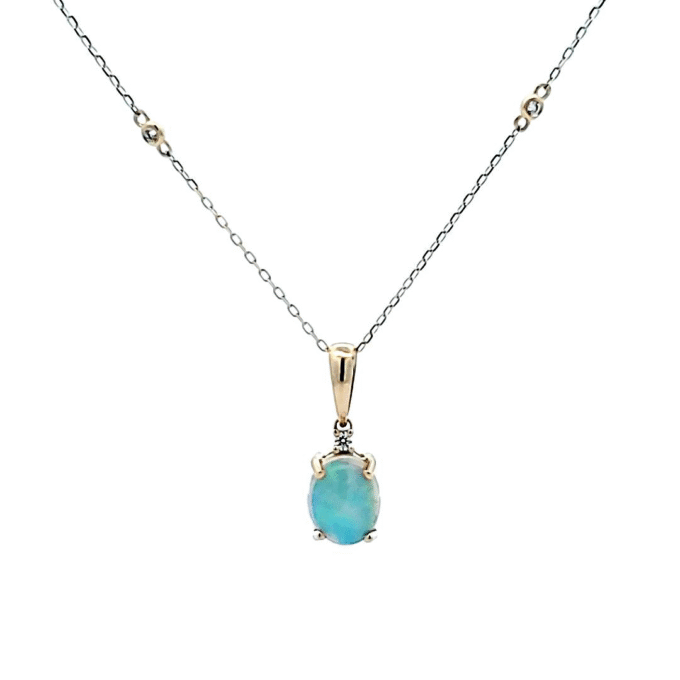 Opal and Diamond Drop Necklace with .04ctw in 14k Yellow Gold