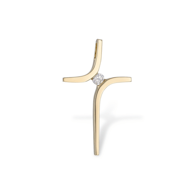 Free Form Cross Necklace with .03ctw Round Diamonds in 14k Yellow Gold