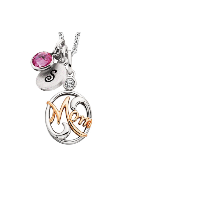 "Mom" Pendant Necklace in Sterling Silver with White Topaz