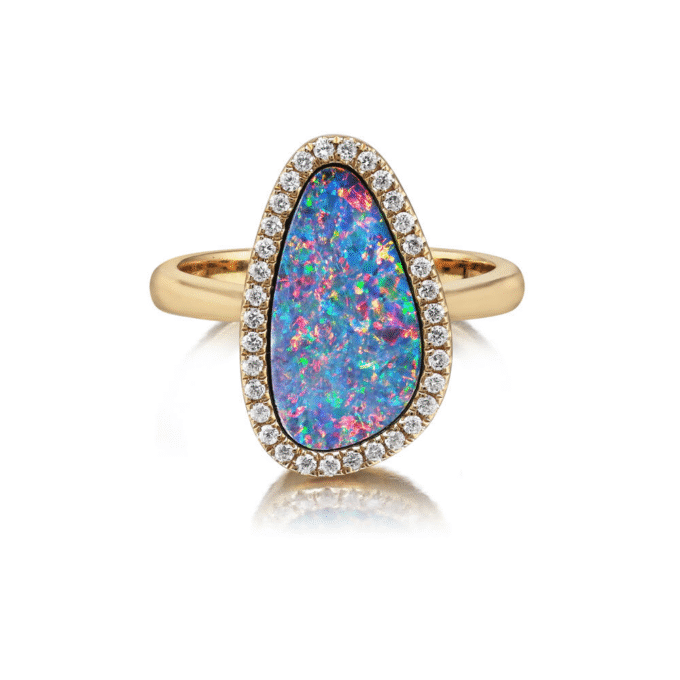 Halo Fashion Ring with .25ctw Round Diamonds and Australian Opal in 14k Yellow Gold
