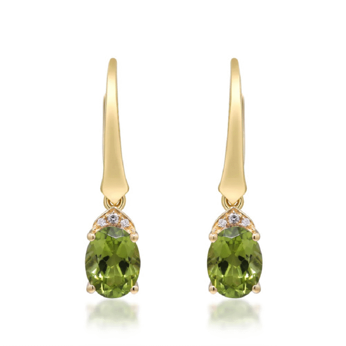 14K Yellow Gold Dangle Earrings with 6 Round Diamonds and Oval Peridot