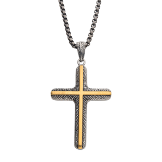 Inox Men's 18K Gold & Gun Metal Inlay Cross Pendant with Chain