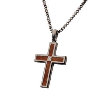 Inox Gun Metal Cross Pendant with Whiskey Barrel Wood Inlay
