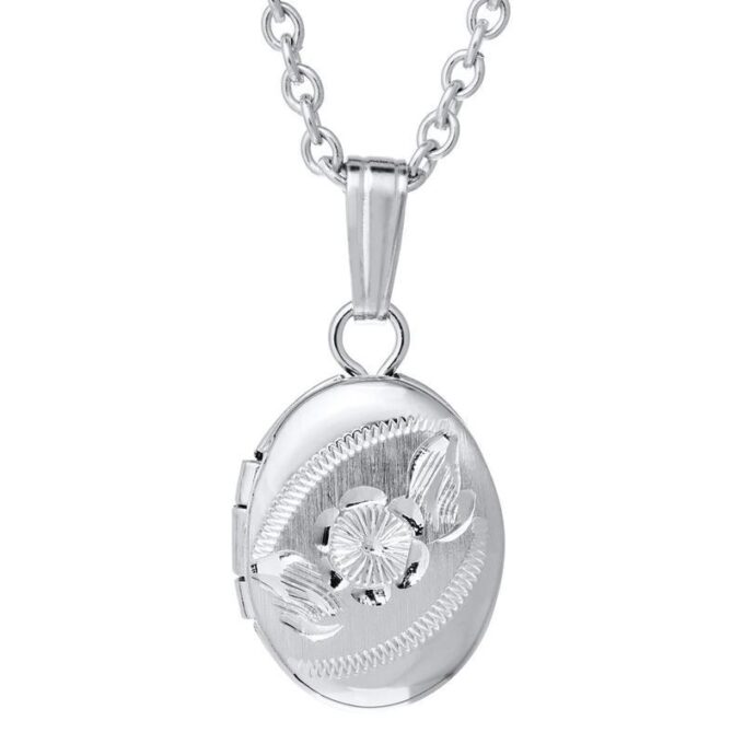 Sterling Silver Floral Engraved Oval Locket