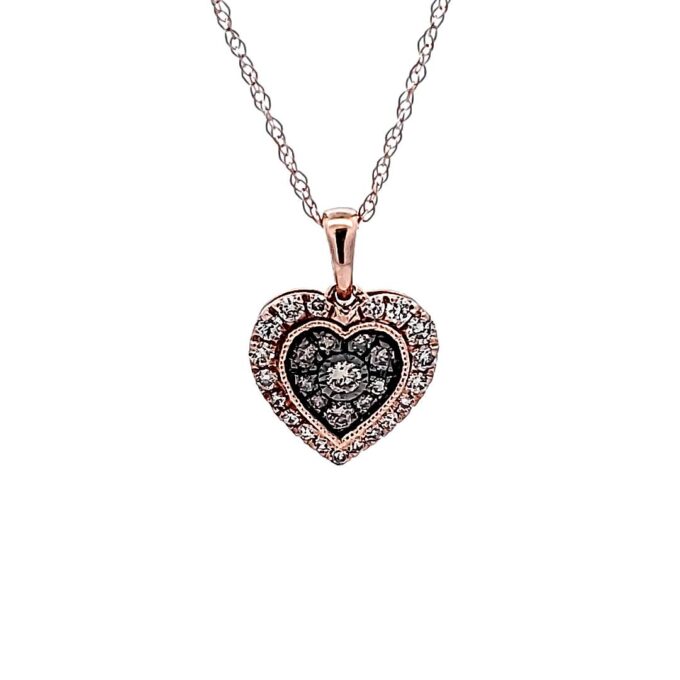 10K Rose Gold Heart Halo Drop Diamond Necklace with 18'' Rope Chain