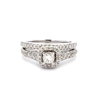 Pre-Owned 14K White Gold Square Halo Bridal Set with .82ctw Diamonds