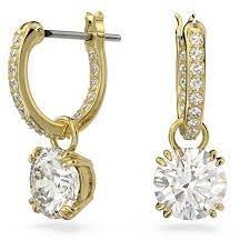 Swarovski Constella drop earrings - Round cut, White, Gold-tone plated