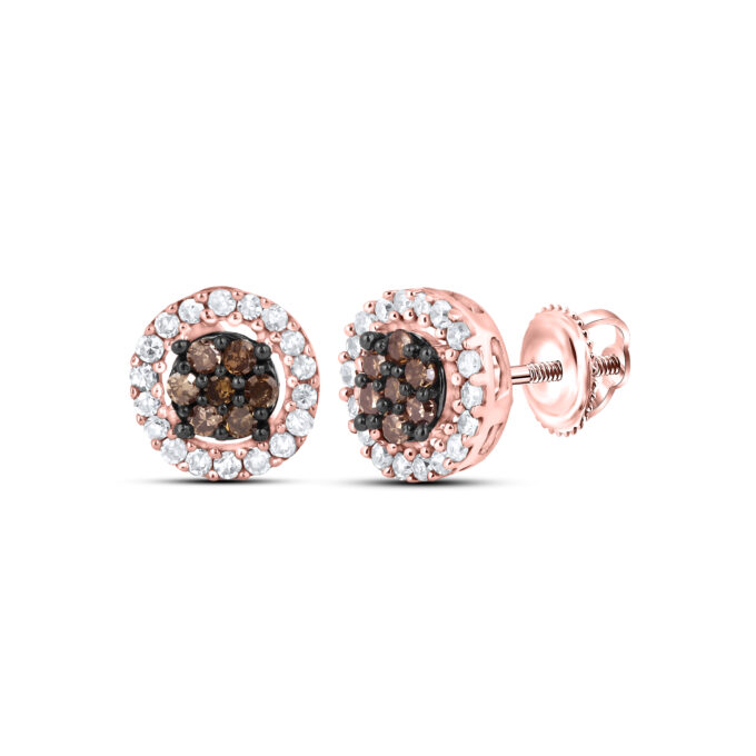 Halo Stud Earrings with .25ctw Round White and Fancy Brown Diamonds in 10k Rose Gold