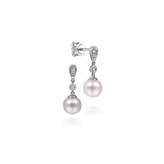 Gabriel & Co Fasion Vintage Inspired Style Diamond Pearl Drop Earrings in 14K White Gold