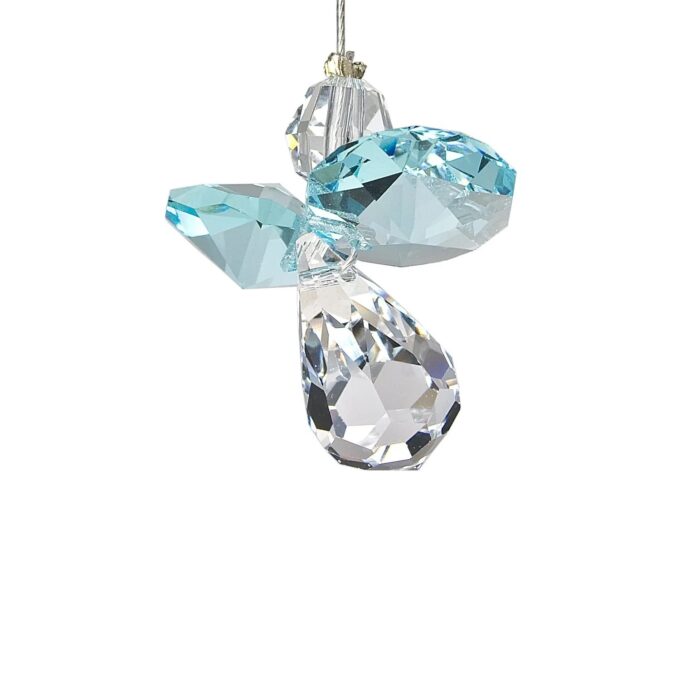 This March birthstone inspired figurine portrays an angelic protector made of shimmering crystal. Displaying aquamarine accents symbolizing serenity and intellect innate to those born in this month. Perfect as a heavenly keepsake, brimming with intricate details, pleasing those seeking angelic protection or celebrating a birthday in March. Beautifully exhibits tranquility and support that guardian angels represent.