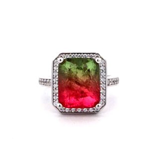 Pre-Owned Watermelon Quartz Doublet with CZ Halo Ring