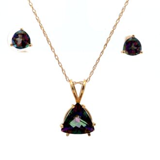 Pre-Owned 14k Yellow Gold Mystic Topaz Triangular Pendant & Stud Earring Set