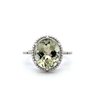 Pre-Owned Beaded Halo Ring with Oval Green Amethyst and CZ Accents