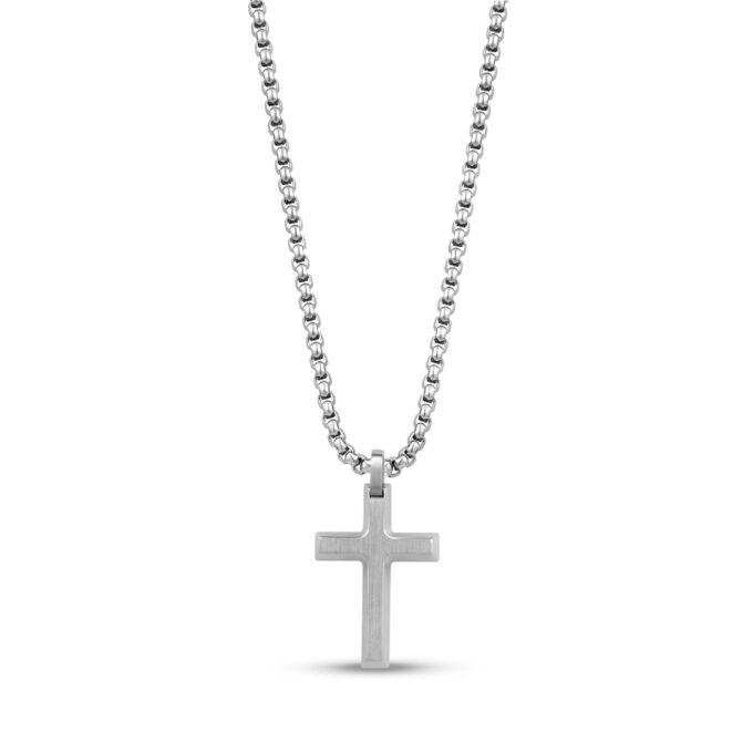 Beveled Edge Cross Pendant Necklace in Stainless Steel