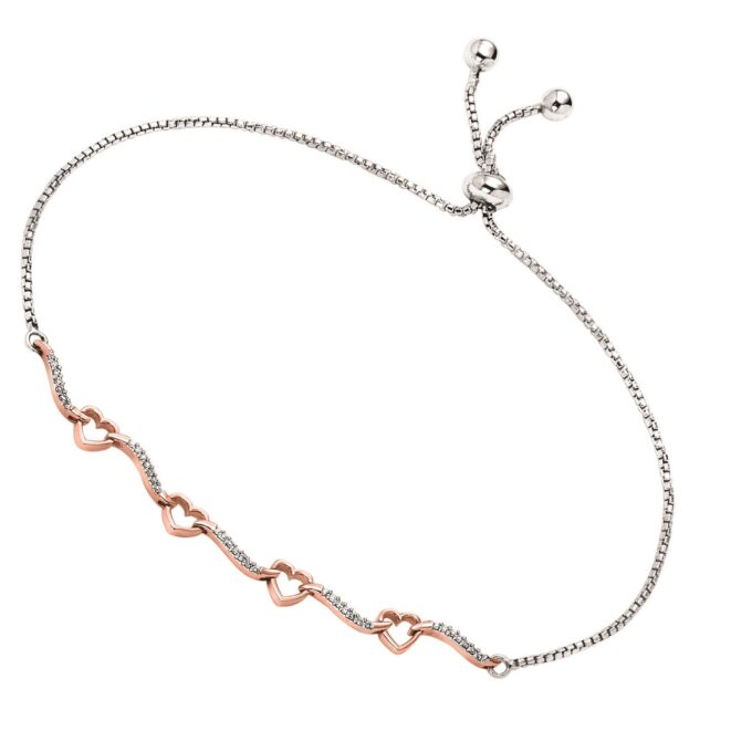 Bolo Fashion Bracelet with .12ctw Round Diamonds in 10k Rose Gold and Sterling Silver