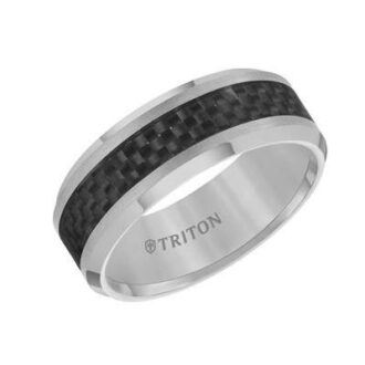 Tungsten Carbide Carbon Fiber Center Beveled Edge Comfort Fit Gents Wedding Band