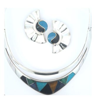 Pre-Owned Sterling Silver Multi-Stone Inlay Collar Necklace & Earring Set