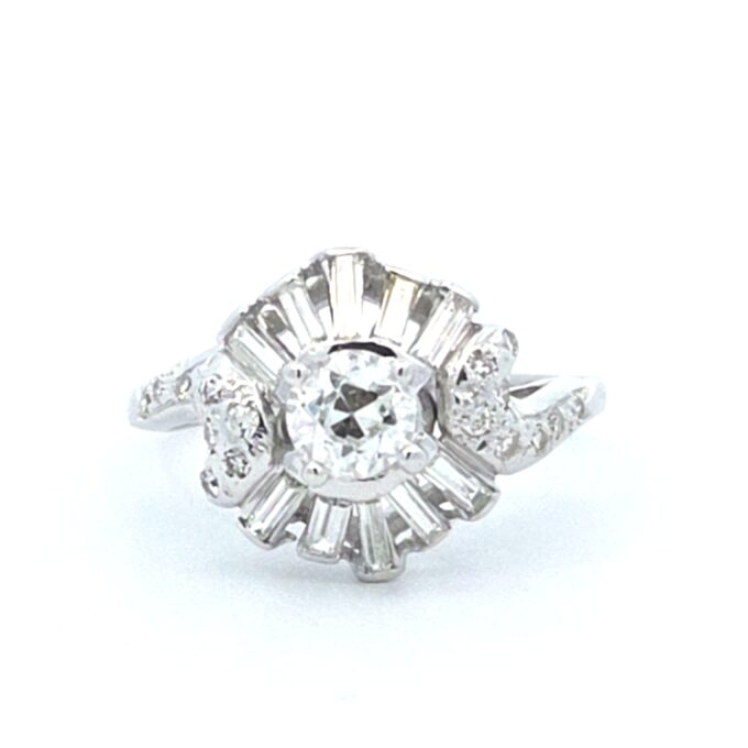 Pre-Owned 14k White Gold Ring with .68ct Euro Diamond and Baguette Accents