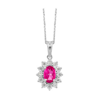 Oval Pink Topaz and Halo Drop Pendant with 12 Diamonds in Sterling Silver