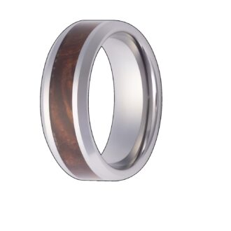 Men's 8mm Wedding Band with Polished Bevel Edge and Burl Wood Inlay