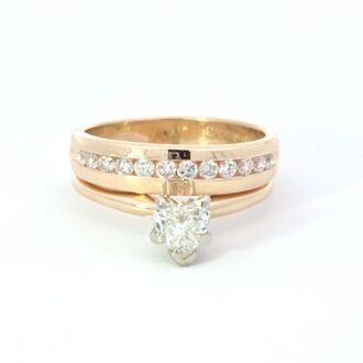 Pre-Owned 14K Yellow Gold Heart-Shaped Diamond Engagement Ring with Channel Set Wedding Band, 0.7ctw