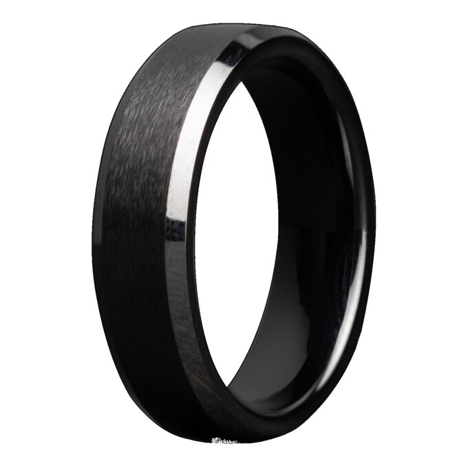 Men's 8mm Satin Center Bevel Edge Black Ceramic Wedding Band