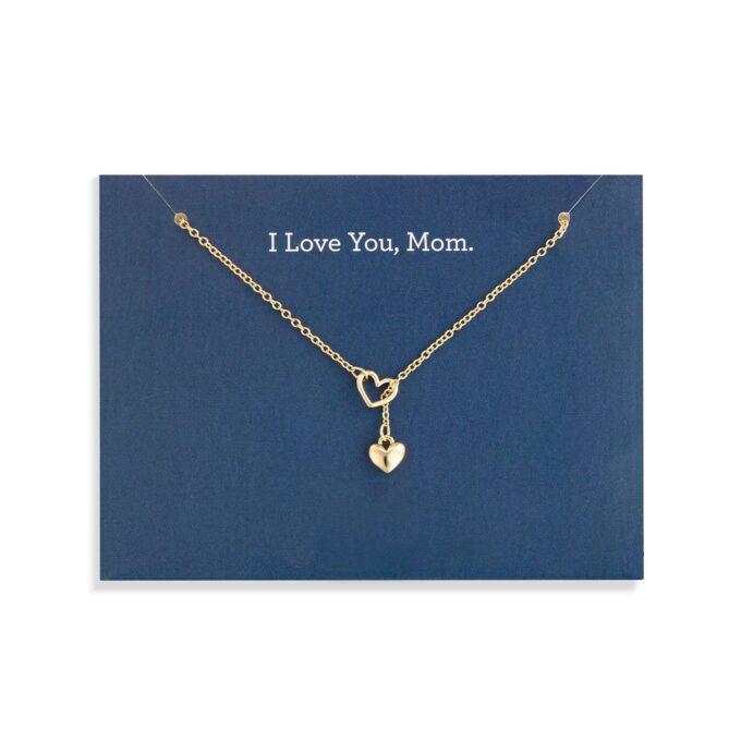 "I Love You, Mom" Double Heart Pendant Necklace in Yellow Gold Plating