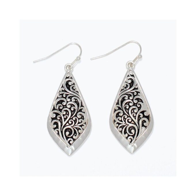 Elegant Silver Scrollwork Teardrop Dangle Earrings