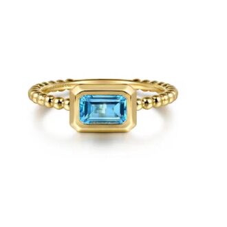 14K Yellow Gold Ring with Blue Topaz and Beaded Band