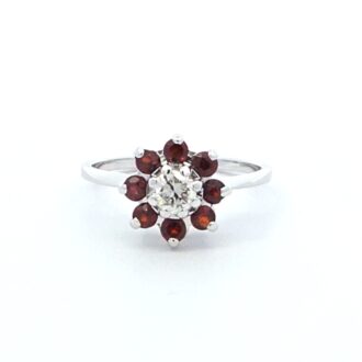 Pre-Owned 14K White Gold Halo Fashion Ring with 3/8ct Round Diamond and Garnets