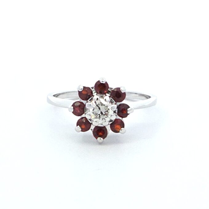 Pre-Owned 14K White Gold Halo Fashion Ring with 3/8ct Round Diamond and Garnets