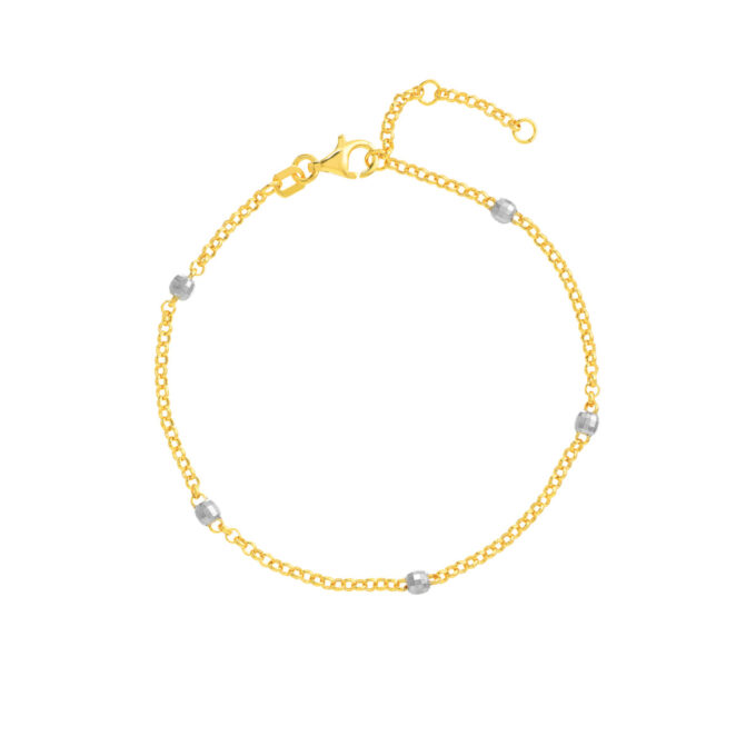 14k Tri-Tone 3mm Bead Station Bracelet 7.25"