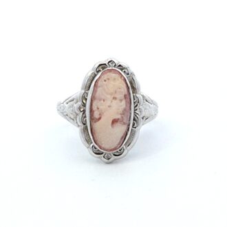 Pre-Owned Cameo Ring with Scalloped Edge Floral Design in 14K White Gold